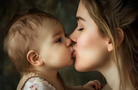AI generated A loving mother kisses her baby, soft kiss photo