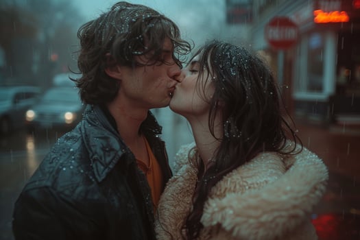AI generated A romantic couple kissing in the rain, sweet kiss photo