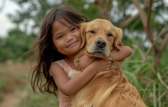AI generated Little girl hugs golden retriever dog outdoors, international kissing day image photo