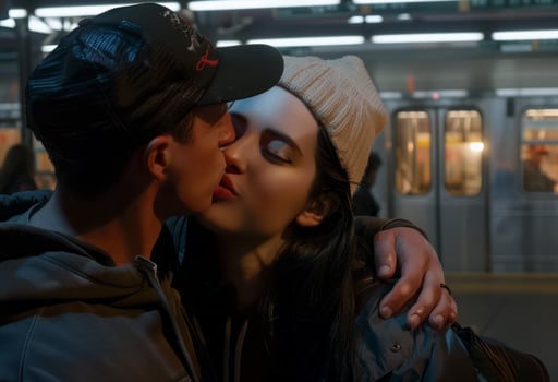 AI generated A couple kisses romantically by a train station, soft kiss photo