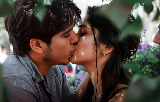 AI generated Couple kissing on lips outdoors sharing a loving, emotional kiss picture photo