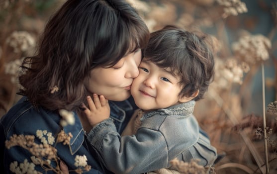 AI generated A mother kisses child cheek with love, passionate kiss pic photo
