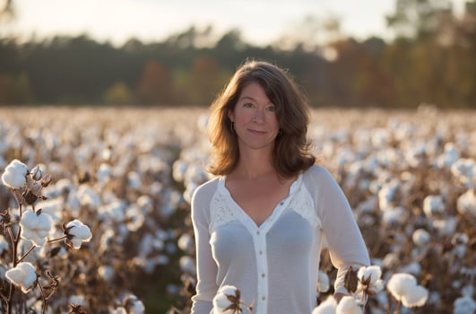 AI generated Woman in cotton field at sunset photo