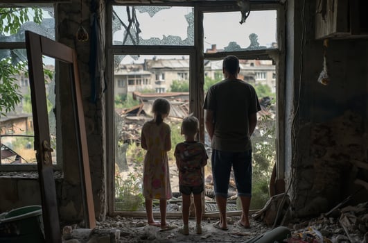 AI generated Family surveys post conflict destruction photo