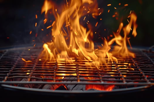 AI generated Hot Empty Portable Barbecue Bbq Grill with Flaming Fire and Ember Charcoal on Black Background. Waiting for The Placement of Your Food. Close up photo