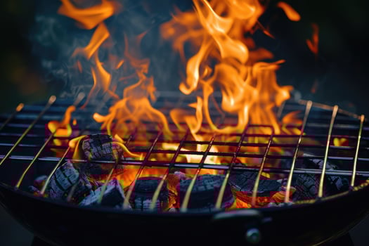 AI generated Hot Empty Portable Barbecue Bbq Grill with Flaming Fire and Ember Charcoal on Black Background. Waiting for The Placement of Your Food. Close up photo