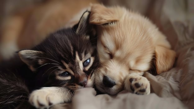 AI generated Puppy and Kitten Lying Together. Love, Adorable, Cute, Animal, Friendship, Care, Cat, Dog, Hug, Pet photo
