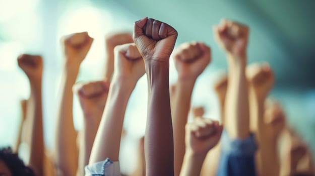 AI generated Close-up, Human raises their right hand displaying the symbol for Women Day awareness, Generative AI photo
