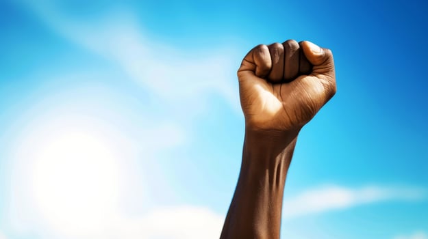 AI generated Close-up, Human raises their right hand displaying the symbol for Women Day awareness, Generative AI photo