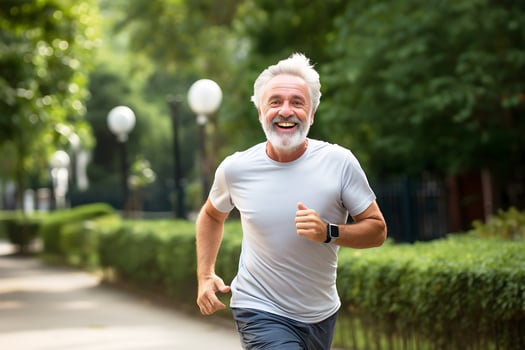AI Generated active senior man jogging in park with a big smile photo