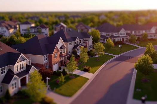 AI generated Street of Suburban Homes, Selective Focus. generative ai photo