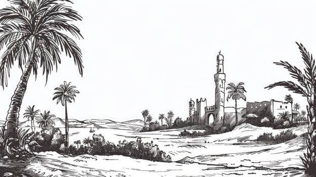 Black ink hand drawn palm tree and mosque. Eid ul Adha concept photo