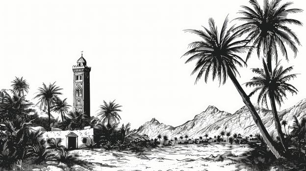 Black ink hand drawn palm tree and mosque. Eid ul Adha concept photo