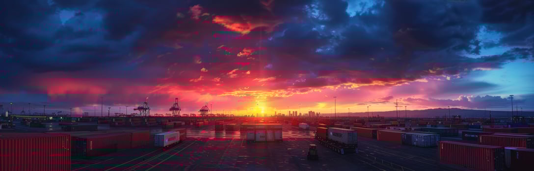 Global Trade Hub, Dramatic Sunset Casts a Glow Over Industrial Shipping Container Yard, Symbolizing the Heart of International Logistics and Global Trade. photo