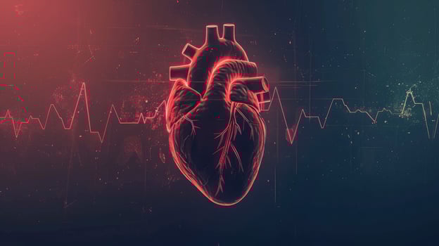 Human Heart with Cardio Pulse Line on Dark Background, Concept of Healthcare and Cardiology photo