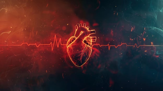 Human Heart with Cardio Pulse Line on Dark Background, Concept of Healthcare and Cardiology photo