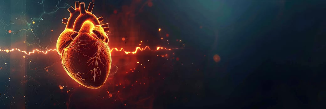 Human Heart with Cardio Pulse Line on Dark Background, Concept of Healthcare and Cardiology photo