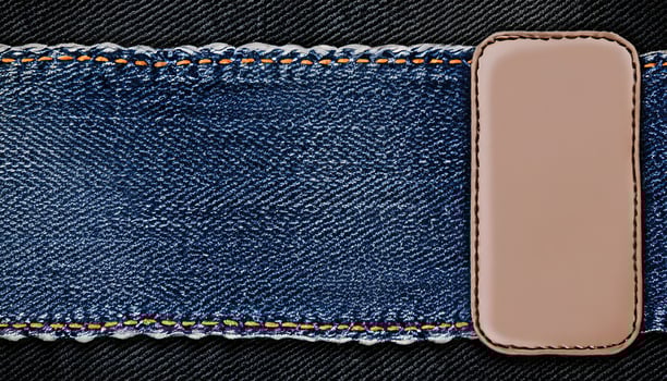 AI generated Black denim background with lace borders and small leather label, a close-up of a denim fabric with a brown leather patch photo