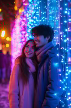 AI generated Portrait of a young couple in the evening lights of the city photo