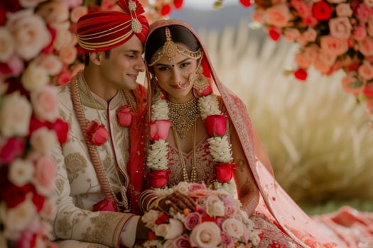 AI generated Indian bride and groom at a festive ceremony. Indian Wedding photo