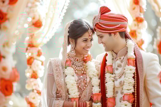 AI generated Indian bride and groom at a festive ceremony. Indian Wedding photo