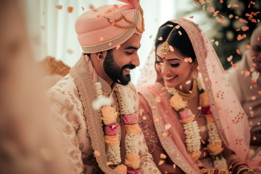 AI generated Indian bride and groom at a festive ceremony. Indian Wedding photo