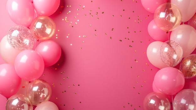 AI generated Beautiful festive minimalistic pink background with gold and clear balloons on the sides photo