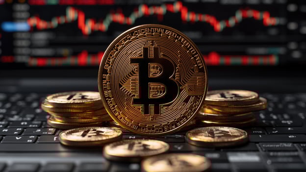 AI generated Golden bitcoin on the background of the monitor of the computer. Cryptocurrency. photo