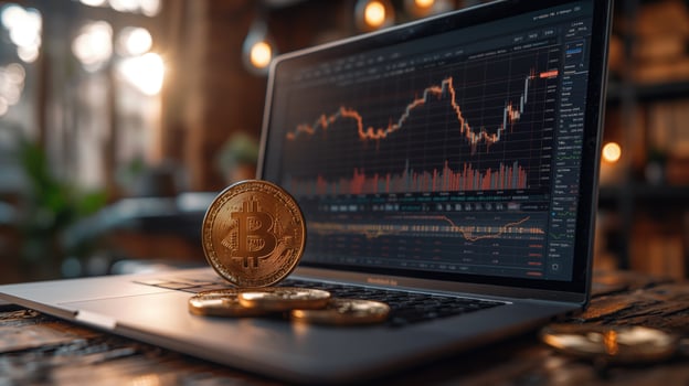 AI generated Golden bitcoin on the laptop. Cryptocurrency and finance concept. photo
