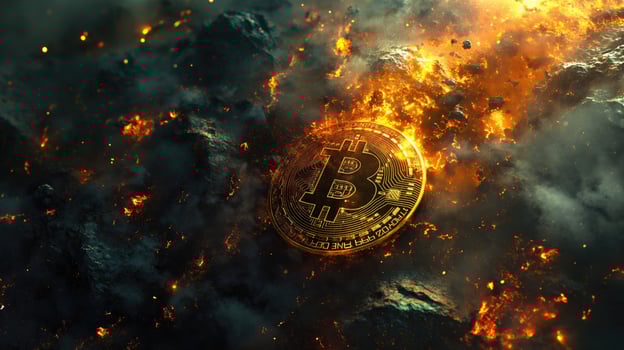 AI generated Bitcoin in the fire. Cryptocurrency concept. 3D illustration photo