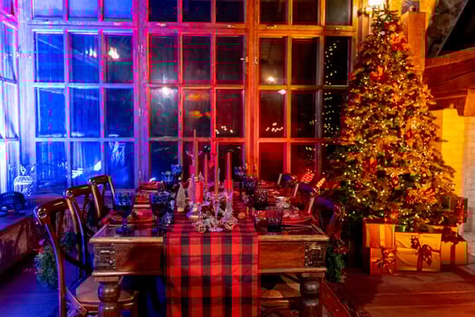 Winter comfort christmas interior with tree. Glowing warm orange light. photo