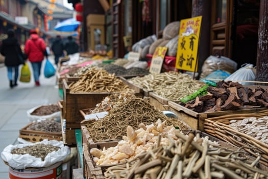 AI generated Assortment of dried plants used for traditional Chinese herbal medicine. Market in the street photo