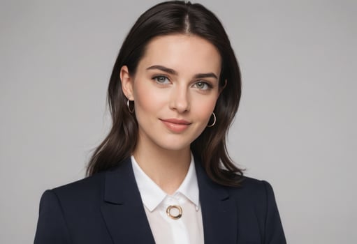 AI Generated A smiling woman dressed in a smart blue blazer and white blouse. Her confident stance suggests professionalism. photo