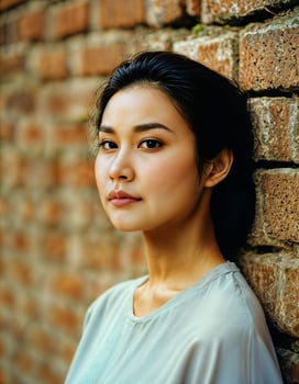 AI generated photo of beautiful asian woman standing at brick wall street, generative AI