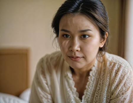 AI generated photo of beautiful asian woman as a wife with curious face feeling at bedroom, generative AI