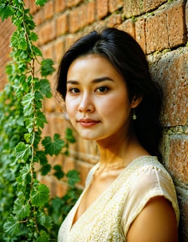 AI generated photo of beautiful asian woman standing at brick wall street, generative AI