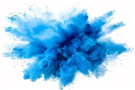 AI generated A dynamic and vibrant explosion of blue powder creating an abstract cloud, isolated on a white background, evoking a sense of motion and energy. photo