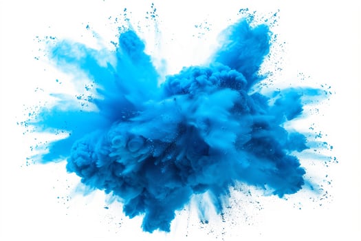 AI generated A dynamic and vibrant explosion of blue powder creating an abstract cloud, isolated on a white background, evoking a sense of motion and energy. photo