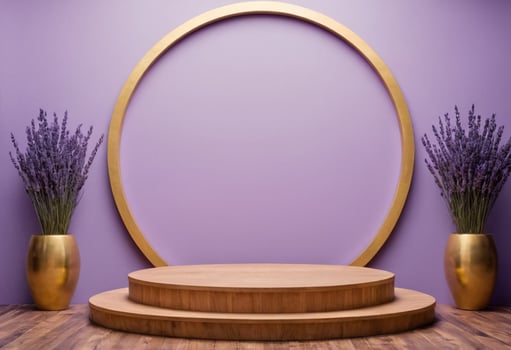 AI generated 3D Wooden Podium with Lavender color Background for Calming Product Display photo