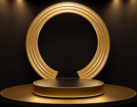 AI generated Empty gold podium with gold ring on background. 3d render. Dark abstract luxury Background photo