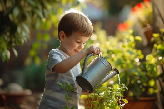 AI generated young boy kid watering plants bokeh style background with generative ai photo
