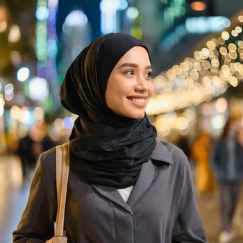 AI generated Portrait of young muslim woman with hijab in the city at night photo