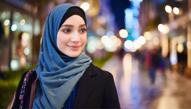 AI generated Portrait of young muslim woman with hijab in the city at night photo