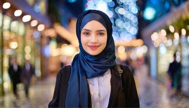 AI generated Portrait of young muslim woman with hijab in the city at night photo