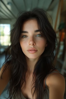 AI generated 20 year old woman with long black hair takes a selfie at arm's length in a modern interior near the window photo