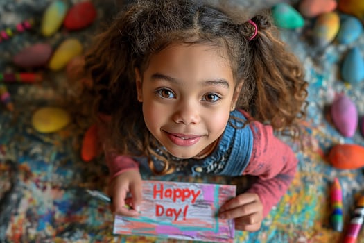 AI generated An 8 year old African American girl draws a card with the inscription Happy Mother's Day photo