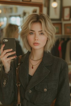 AI generated Woman with short blond hair, about 25 years old. Taking a selfie, holding a smartphone in a large mirror in a clothing store photo