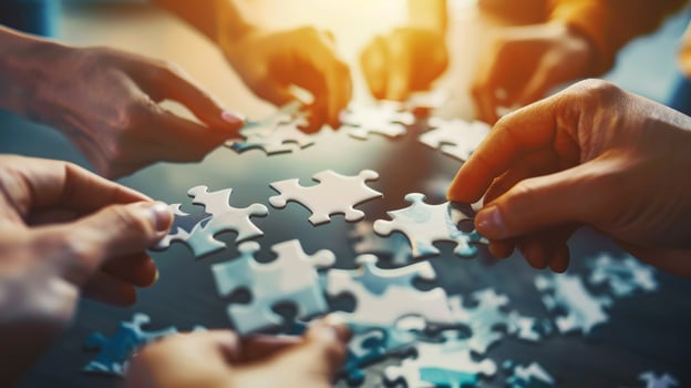 AI generated A puzzle being assembled by a team each piece representing a different aspect of their business vision and goals coming together photo