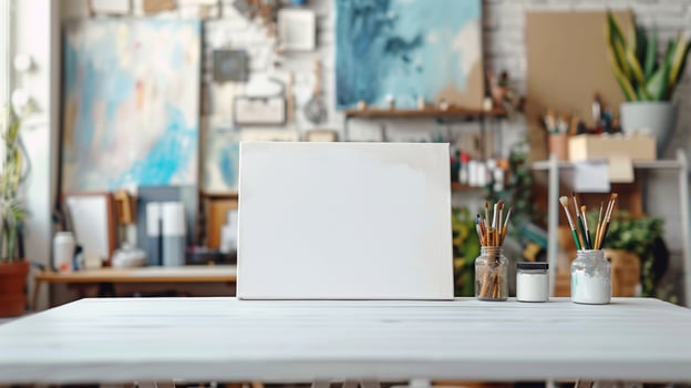 AI generated Blank white canvas on tabletop with blurred art supplies background ideal for showcasing art or craft products photo