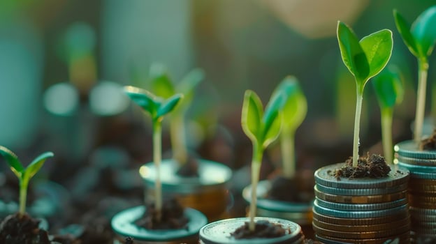 AI generated Sprouts Growing on Coin Stacks Looping Green Business Growth Recycling Renewable Energy Environmental Consciousness Concept photo